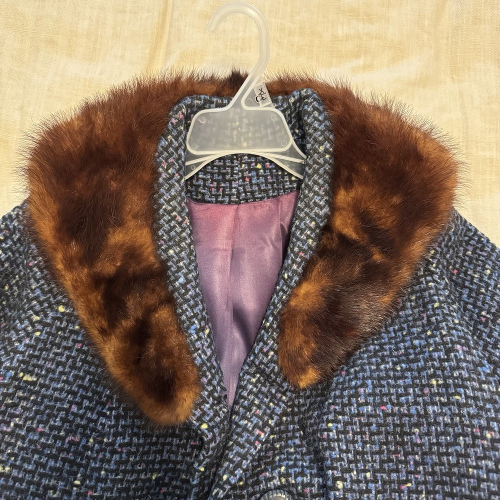 VTG 60's Britainaire Women's Blue Woven Wool Coat Mink‎ Collar Union Made Large - Picture 6 of 6